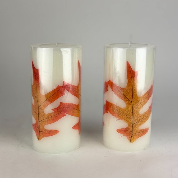 2 New Fall Leaf Pillar Candle Set – 9” Tall Autumn Decor, New in Original Wrap - Picture 2 of 6